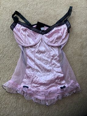 Pink Lace-Trim Chemise with Black Accents